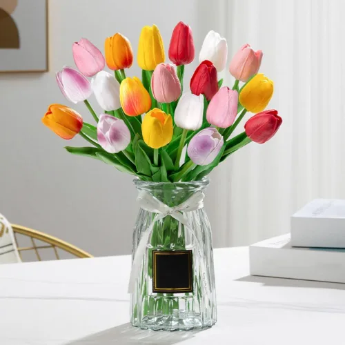 Miniatura 13 de Tulipanes falsos de PU de tacto real, flores artificiales, 10 piezas, arreglo floral, ramo para decoración de hogar, oficina, boda (blanco)