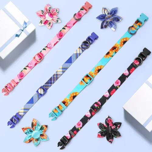 Miniatura 5 de Collar de Perro a Cuadros para Machos, Collares Florales para Perros Machos con Pajarita de Flores, Collar de Perro para Lindos Gatos y Perros Verde