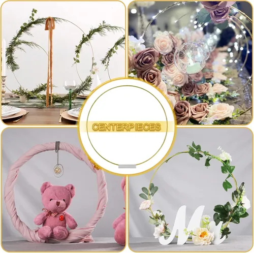 Miniatura 7 de YALLOVE 10 piezas de centro de mesa de aro floral de 14 pulgadas, soporte de anillo de corona de metal dorado con base acrílica transparente