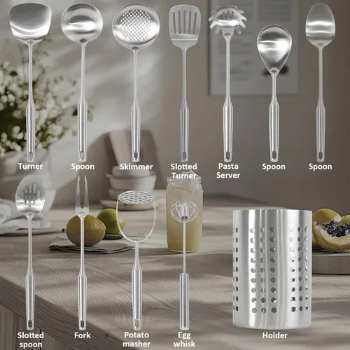 Miniatura 3 de Juego de utensilios de cocina de acero inoxidable 304 con soporte, 12 piezas de utensilios de cocina de metal con triturador de papas, servidor