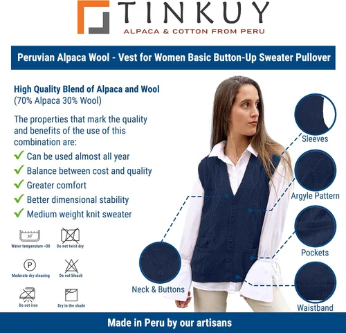 Miniatura 5 de Peru - Chaleco tipo cárdigan de lana de alpaca con cuello en V para mujer, talla S-4XL