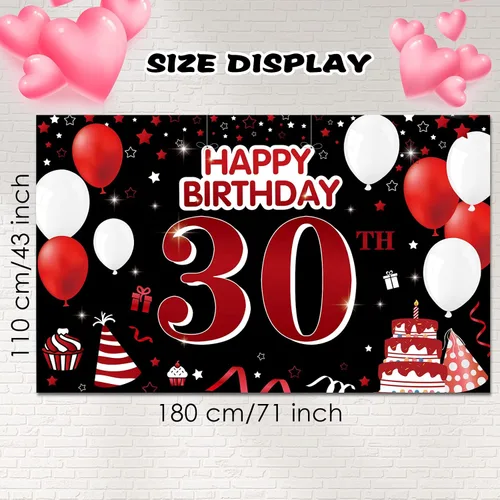 Miniatura 2 de Cartel de feliz cumpleaños 30 para patio, pancarta de feliz cumpleaños 30 en negro y rojo, decoración para mujeres y hombres, fondo grande de 30