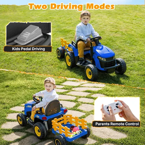 Miniatura 5 de ARBELI Tractor de paseo de 12 V 7 AH con remolque inclinable y control remoto, motores de 2 x 45 W, Bluetooth, música, palanca de cambios, juguetes