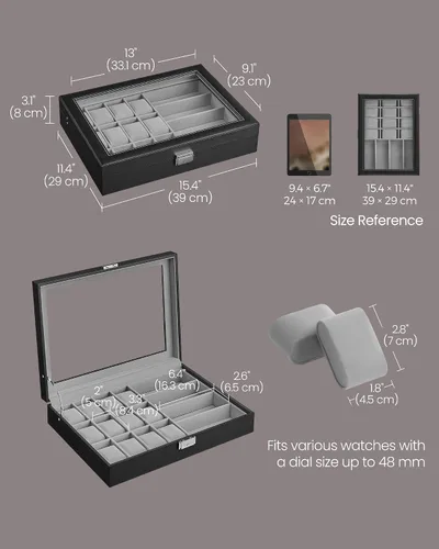 Miniatura 13 de SONGMICS 24 organizador y exhibidor negro de calidad superior, de vidrio, con funda para reloj, de piel sintética UJWB024