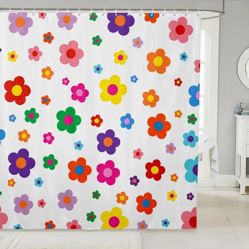 Miniatura 16 de Cortina de baño de flores de margarita para niños y niñas, cortina de ducha floral para decoración de baño, 72 x 72 pulgadas, retro, floral