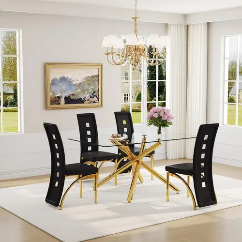 Miniatura 35 de Juego de mesa de comedor moderna para mesa de comedor negra de 4,63 pulgadas, juego de 4 con patas de metal dorado, mesa de cocina rectangular
