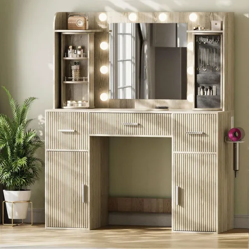 Miniatura 10 de EasyCom - Mesa de tocador con organizadores de joyería giratorios, tocador de maquillaje con espejo y luces, mesa de vestir con estación de carga