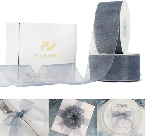 Miniatura 25 de HUIHUANG Cinta transparente de organza azul aguamarina de 1-1/2 pulgadas, cintas de organza transparente turquesa para envoltura de regalo, ramo