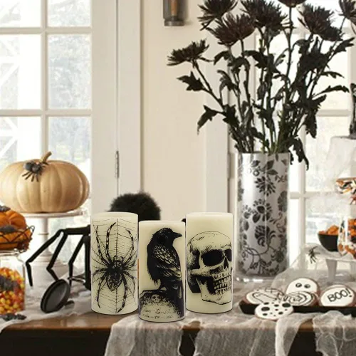 Miniatura 7 de Eldnacele Velas LED sin llama parpadeantes de Halloween, funcionan con pilas, con temporizador de 6H, calcomanías de calavera, telaraña, cuervo