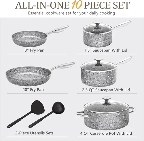 Miniatura 5 de MICHELANGELO Juego de ollas y sartenes de 10 piezas, juego de utensilios de cocina con revestimientos de granito para resultados súper