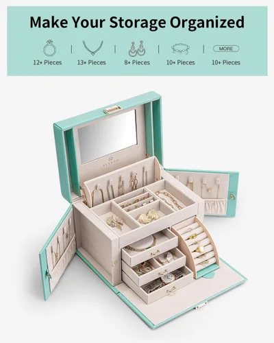 Miniatura 3 de Vlando Joyero organizador para niñas y mujeres, organizador de joyas barroco grande con espejo, 3 cajones para pulseras, aretes, anillos, collares