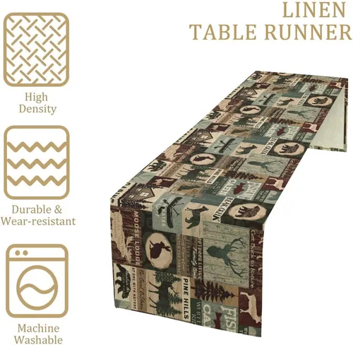 Miniatura 4 de Camino de mesa de estilo rústico retro, decoración de mesa de cocina, sala de estar, comedor, para el hogar, con diseño de osos, alces, ciervos