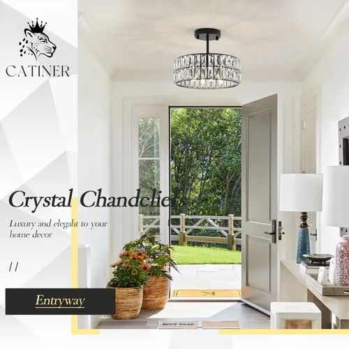 Miniatura 7 de Lámpara Colgante de Cristal de 4 Luces Araña Moderna Negra Pequeña de 12" Cristal Semi Empotrada Luz de Techo Redonda para Isla de Cocina, Negro