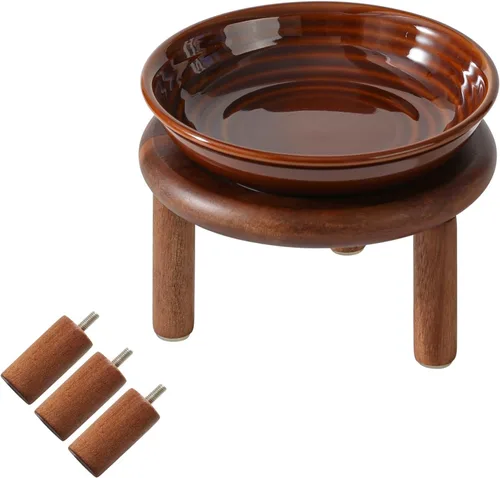 Havniva Plato elevado de cerámica para gatos, apto para bigotes anchos, tazón antideslizante para alimentos y agua con soporte de madera de acacia