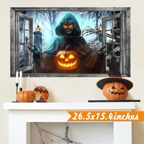 Miniatura 5 de Decoración de pared de Halloween, calcomanías de Halloween 3D para ventana falsa, despegar y pegar, calabazas, esqueleto, murales artísticos