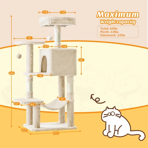 Miniatura 2 de DUMOS Torre pequeña de árbol para gatos de 44 pulgadas, torre de escalada para gatos con postes rascadores de sisal natural, hamaca, condominio