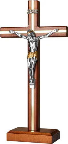 KUXBET Crucifijo de Pie Cruz con Soporte Desmontable de 10.6 Pulgadas Cruz de Madera Católica de Jesucristo para Colgar en la Pared para Decoración