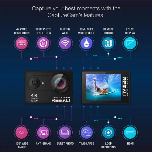 Miniatura 3 de REMALI CaptureCam 4K Ultra HD y 12MP - Kit de cámara de acción deportiva impermeable con funda de transporte, 3 baterías, cargador de batería doble
