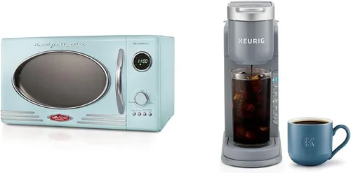 Nostalgia Horno microondas retro para encimera, grande de 800 W, 0.9 pies cúbicos y cafetera Keurig K-Iced de una sola porción, prepara caliente y