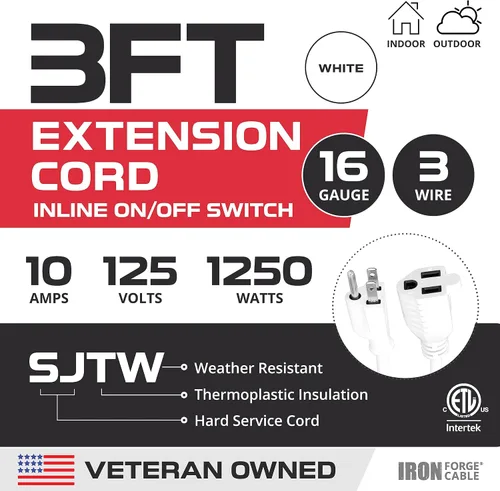 Miniatura 2 de Iron Forge Cable Cable de extensión blanco de 3 pies para exteriores con interruptor en línea impermeable IP65 de encendido/apagado, interruptor