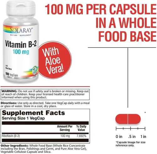 Miniatura 3 de SOLARAY Vitamina B-2 Riboflavina 100 mg con Aloe Vera Metabolismo energético saludable, piel, cabello y uñas 100 CT