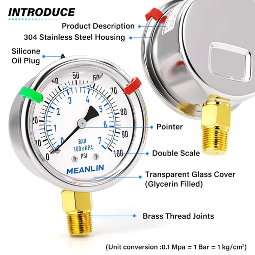 Miniatura 48 de MEANLIN MEASURE Medidor de presión de acero inoxidable relleno de líquido de 0 ~ 300 psi, esfera de cara NPT de 2 pulgadas para compresor de aire