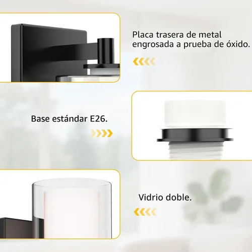 Miniatura 9 de Kalium Juego de apliques de pared de dos piezas, luces de tocador modernas con pantalla de vidrio transparente doble en negro mate para interiores