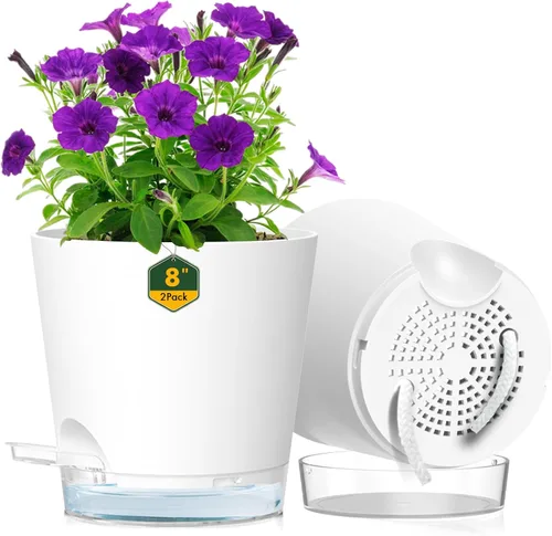Miniatura 12 de Meowell Macetas de riego automático de 5 pulgadas para plantas de interior, paquete de 5 macetas pequeñas con agujeros de drenaje y depósito