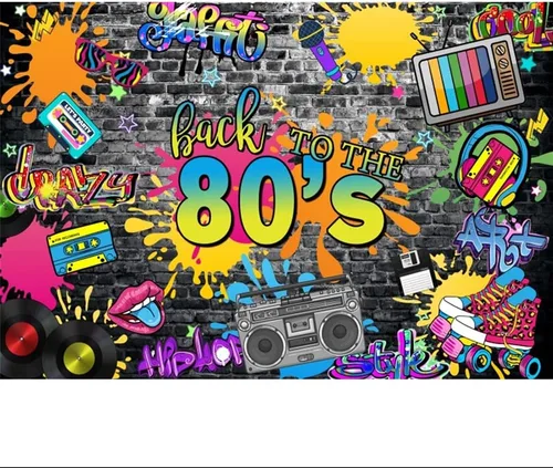 Miniatura 3 de Decoración de fiesta de los años 80 de 5 x 3 pies, telón de fondo retro de ladrillo gris de regreso a los 80, música, graduación, grafiti, piedra