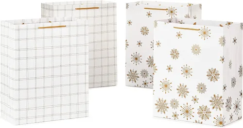 Hallmark - Bolsas de regalo de Navidad de 13 pulgadas (4 bolsas grandes blancas: copos de nieve dorados, cuadros dorados) para fiestas navideñas,