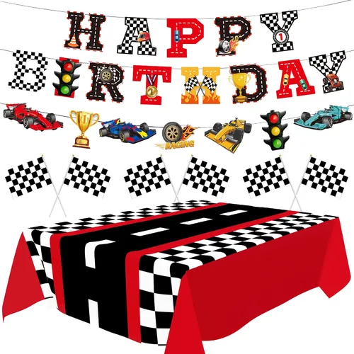 Miniatura 6 de Kit de decoración de fiesta de auto de carreras, pancarta de feliz cumpleaños, manteles para cumpleaños de coche de carreras o baby shower, 54 x 108