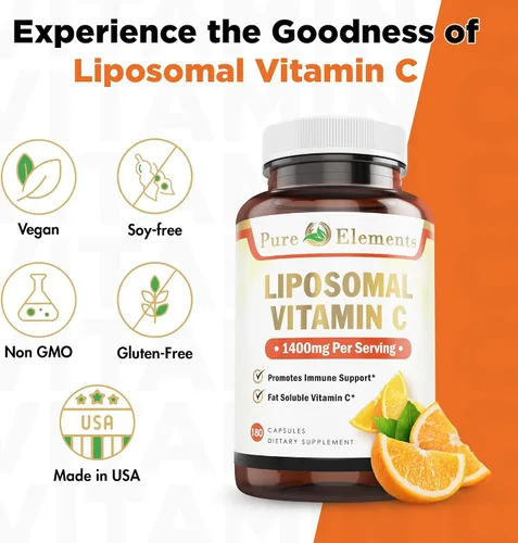 Miniatura 4 de Pure O Elements Cápsulas de suplemento liposomal de vitamina C, 180 unidades, ácido ascórbico de alta absorción, sin OMG, sin soja, sin gluten