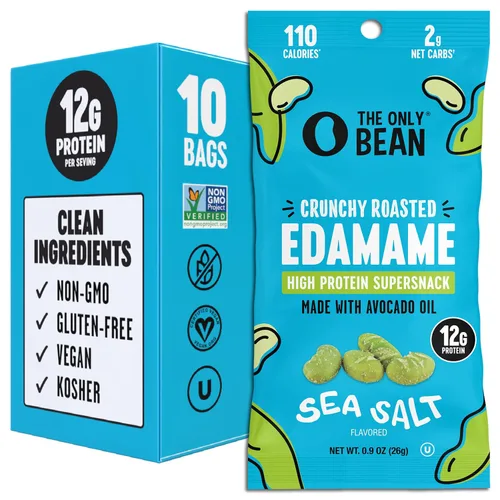 The Only Bean Bocadillos crujientes de Edamame tostado en seco con sal marina, comida Keto alta en proteínas (11g) y baja en carbohidratos, libre de