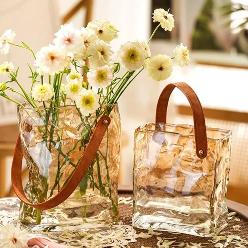 Miniatura 3 de Jarrón de cristal para flores, jarrones transparentes para centros de mesa, florero de bolsa con mango de cuero para decoración de bodas