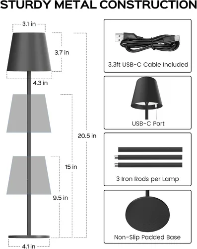 Miniatura 4 de JACKYLED Lámparas de mesa inalámbricas recargables, 3 alturas ajustables, funciona con batería de 5000 mAh, 3 colores de atenuación suave, lámpara