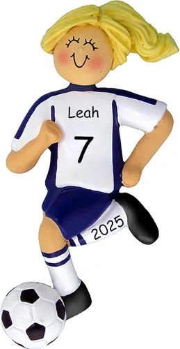 Miniatura 6 de Adorno de Navidad personalizado de fútbol, uniforme blanco y negro, niña, cabello rubio, bola de regate, resina pintada a mano, 4.5 pulgadas
