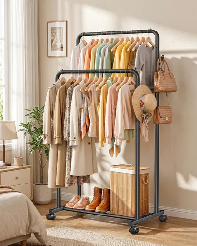 Miniatura 8 de Delamu Perchero de doble barra para colgar ropa con ruedas rodantes, ganchos, perchero de metal, perchero portátil con estantes para dormitorio