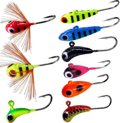 THKFISH Plantillas de pesca en hielo Señuelos de pesca en hielo Equipo de pesca en hielo Kit de aparejos de pesca pequeños Crappie Panfish Jigs