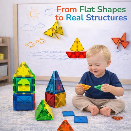 Miniatura 5 de LATI Juego de iniciación de azulejos magnéticos para niños, bloques de construcción magnéticos para principiantes para aprendizaje temprano, 2D