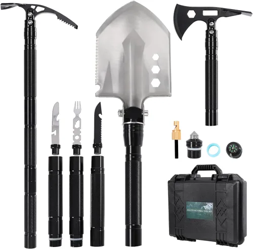 Pala de supervivencia plegable – 30 pulgadas de acero al carbono resistente 14 en 1, herramienta táctica de entrenamiento de hacha con caja de