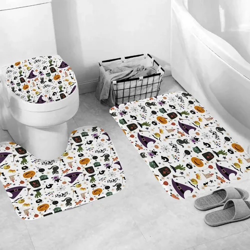 Miniatura 4 de Juego de 4 cortinas de ducha de Halloween, espeluznante cortina de ducha de gato negro con calabaza para decoración de baño de Halloween