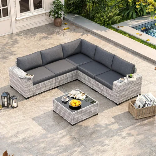 Miniatura 10 de Juego de muebles de mimbre para patio al aire libre de 3 piezas, sillas de patio giratorias mecedoras con respaldo alto con cojines gruesos de 4