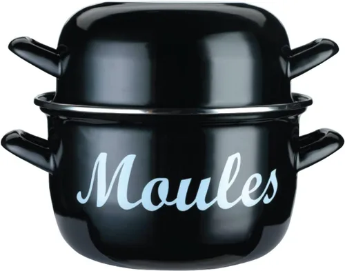 KitchenCraft Maceta de mejillón, World of Flavours, tapa esmaltada de doble uso, mediana de 7.1 in, color negro