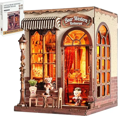 Kit de rincón de libros, kit de casa de muñecas en miniatura para adultos, pastelería de panadería, kit de construcción de mini casa con LED, kit de