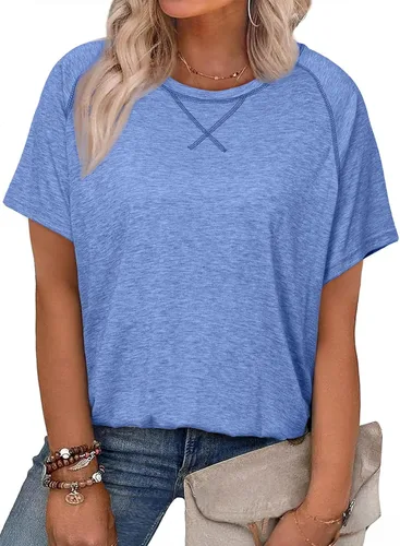 Miniatura 121 de Eytino Blusas de talla grande para mujer, cuello en V, manga corta, a rayas, casual, holgada, con bolsillo (1X-5X)