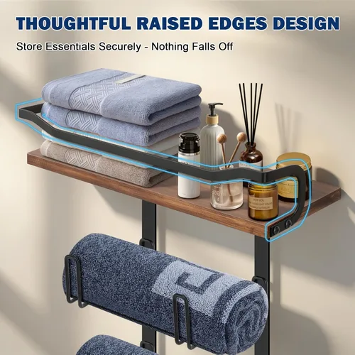 Miniatura 3 de NearMoon Toallero con estante de madera, soporte organizador de toallas de metal inoxidable para almacenamiento de baño, montado en la pared