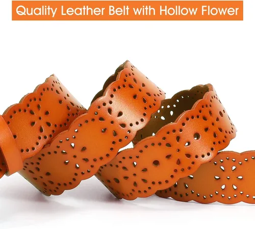 Miniatura 4 de SUOSDEY Cinturones de cuero anchos florales huecos para las mujeres con hebilla de metal ancho de la correa 1.5 pulgadas, A-naranja-marrón
