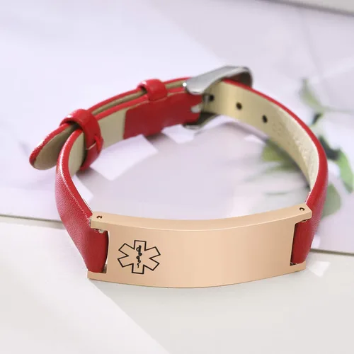 Miniatura 58 de MPRAINBOW Pulsera de alerta médica personalizada para mujer, correa de reloj de cuero genuino, grabado de doble cara, diabetes, epilepsia, joyería