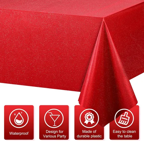 Miniatura 3 de FunnyPars Paquete de 6 Manteles de Plástico Rojo Iridiscente, Cubiertas de Mesa Rectangulares Desechables con Brillo Láser, Mantel de Lámina