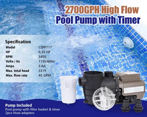 Miniatura 4 de CIPU Bomba de piscina con temporizador de 2700 GPH 115 V, potente autocebante sobre el suelo, 0.35 HP con cesta de filtro de bajo ruido